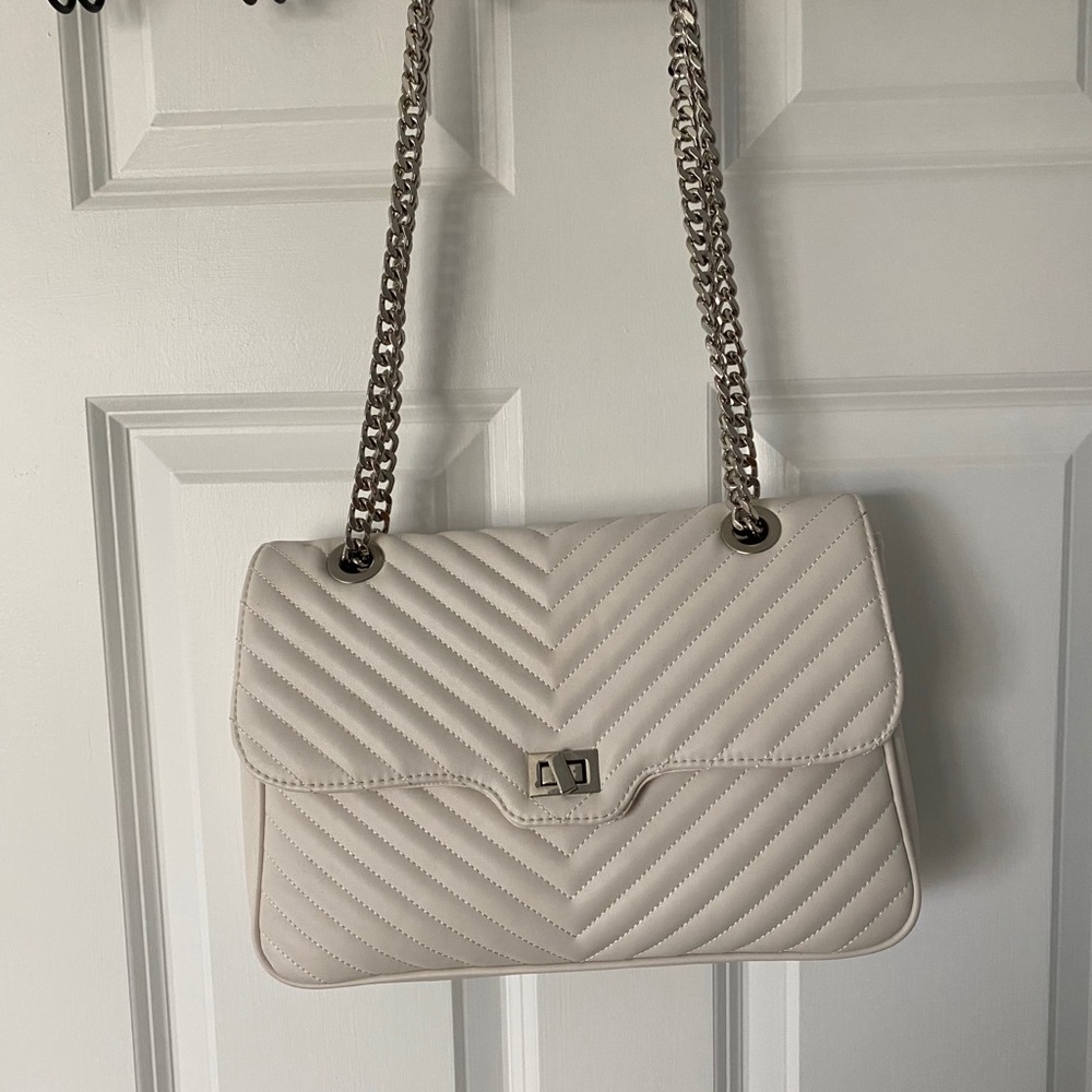 Chevron Flap Leather Quilted Bag with Silver Chain
